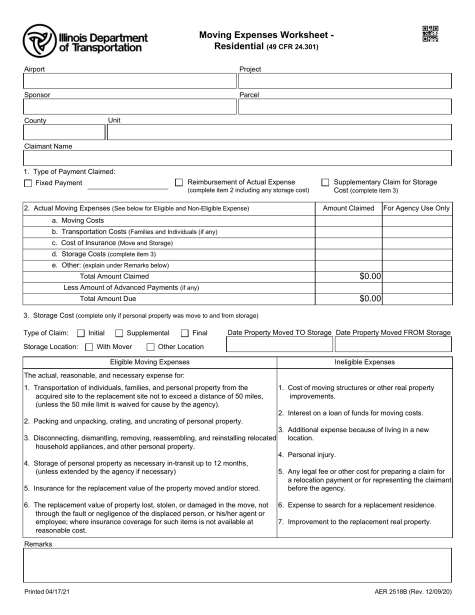Form AER2518B Moving Expenses Worksheet - Residential - Illinois, Page 1