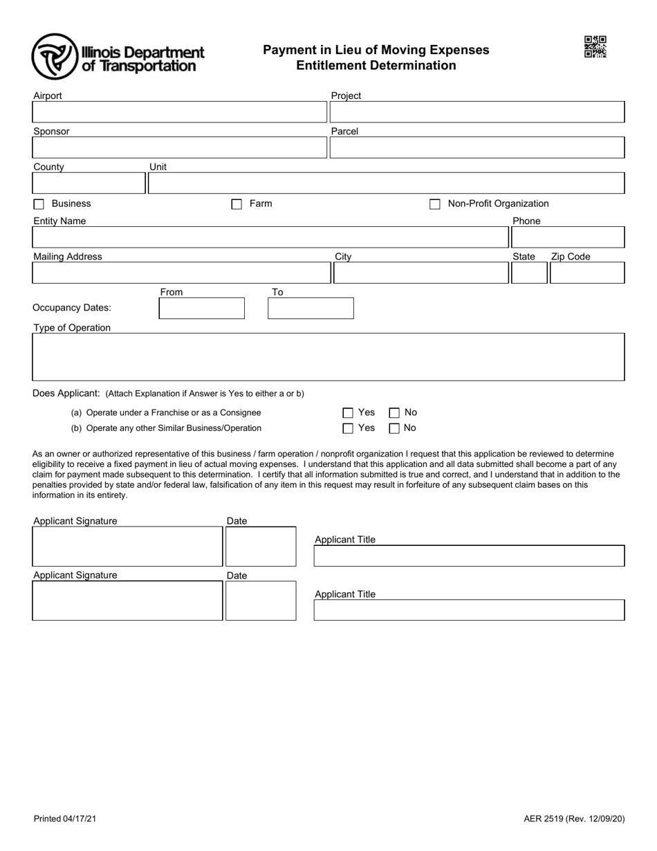 Form AER2519 Payment in Lieu of Moving Expenses Entitlement Determination - Illinois, Page 1