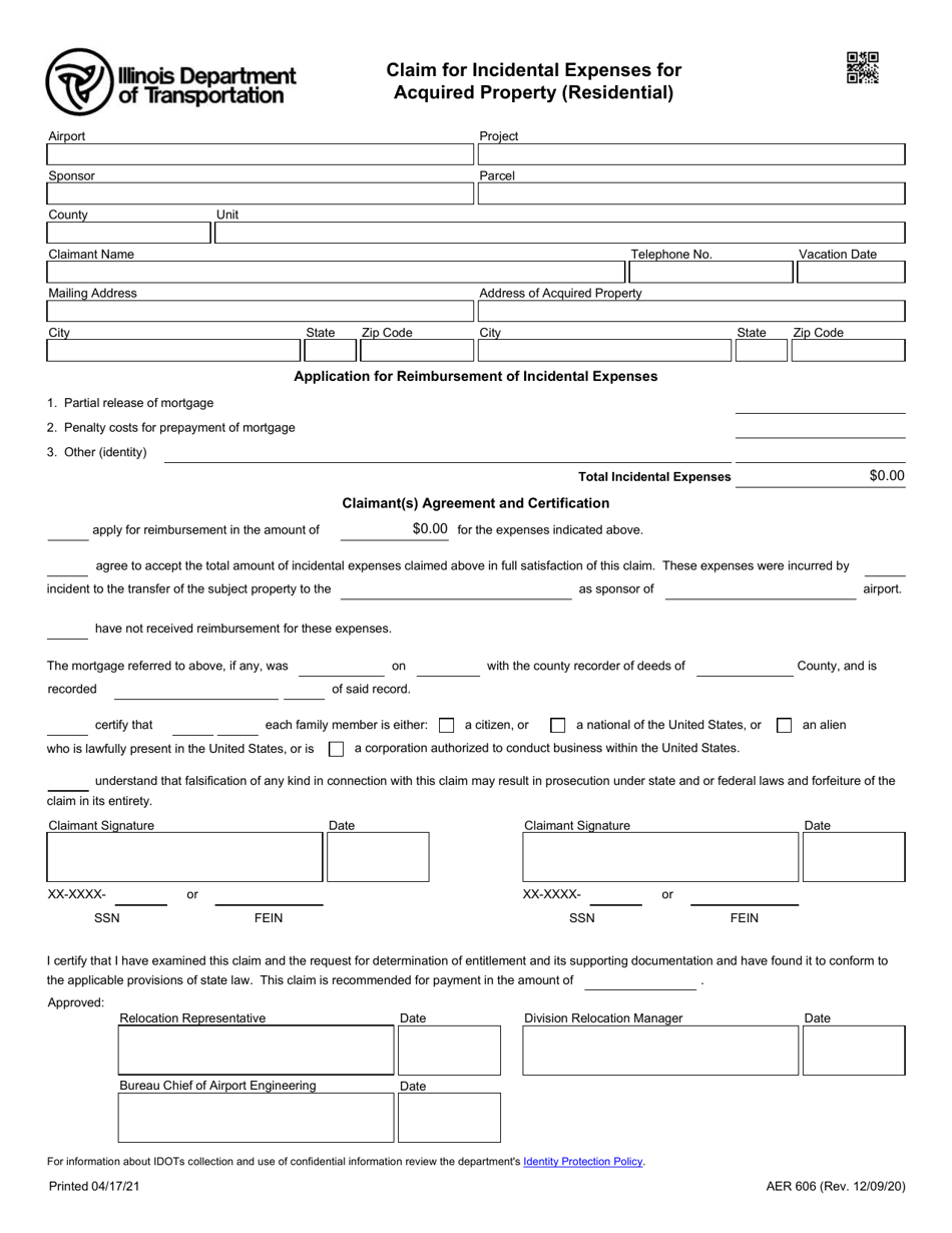 Form AER606 Claim for Incidental Expenses for Acquired Property (Residential) - Illinois, Page 1