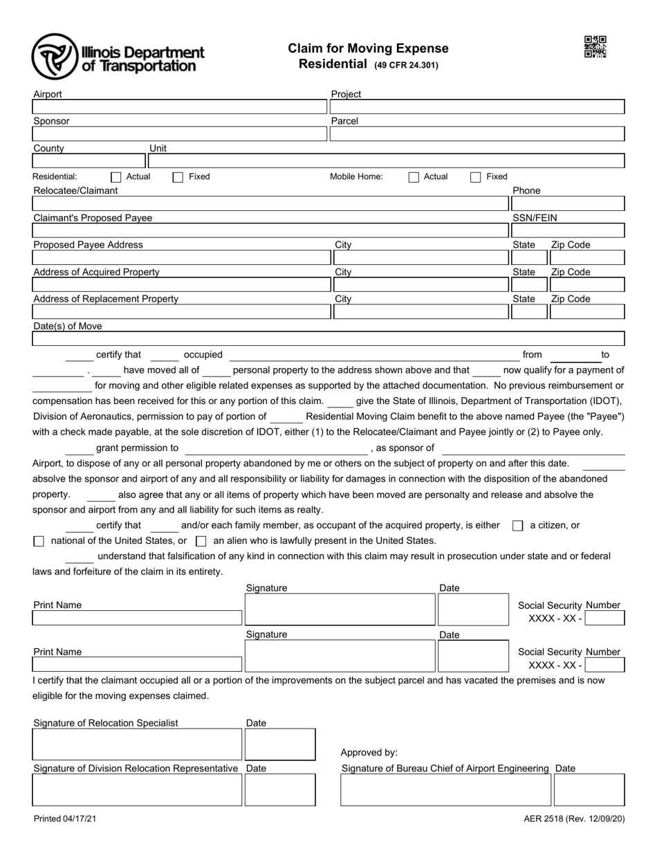 Form AER2518 Claim for Moving Expense Residential - Illinois, Page 1