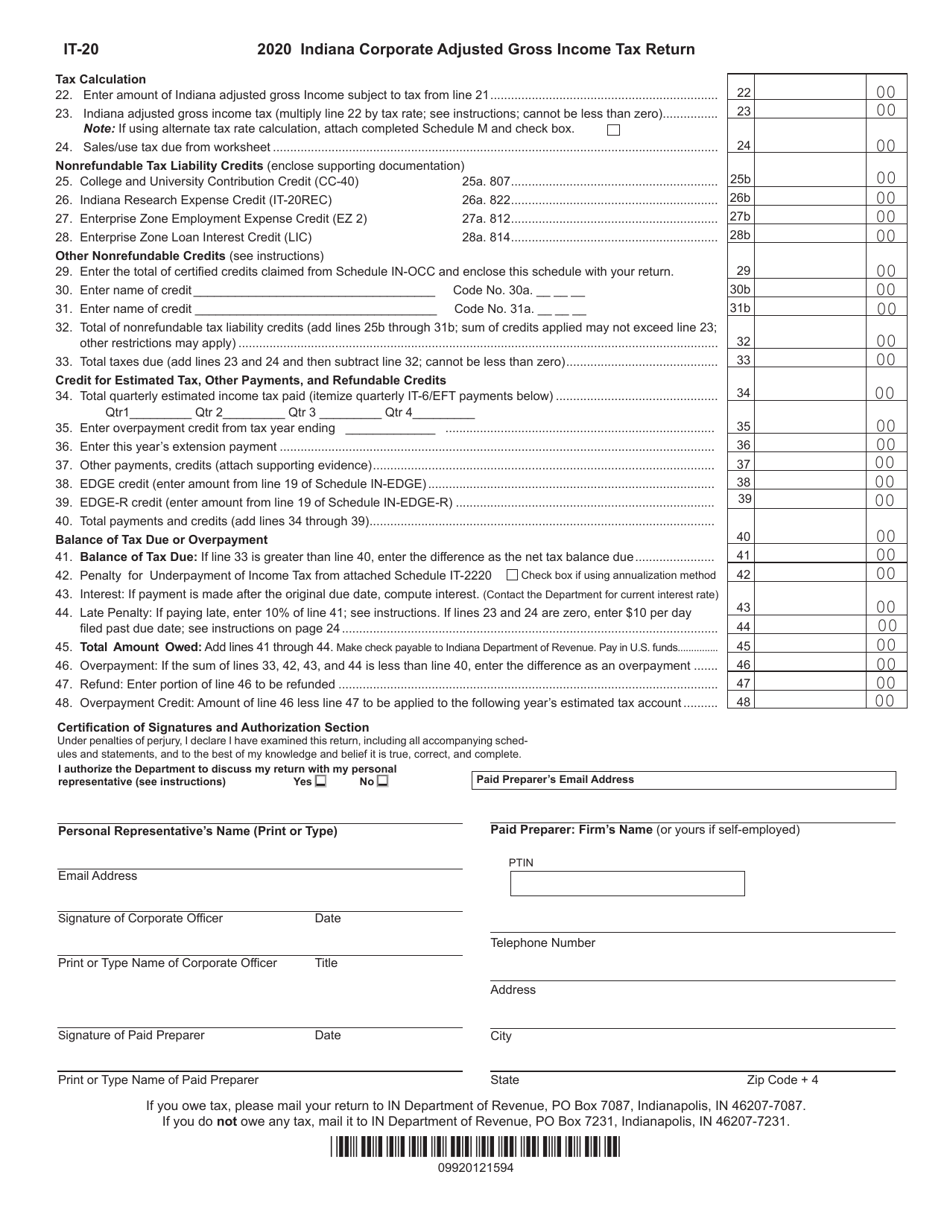 Form IT-20 (State Form 44275) Indiana Corporate Adjusted Gross Income Tax Return - Indiana, Page 2