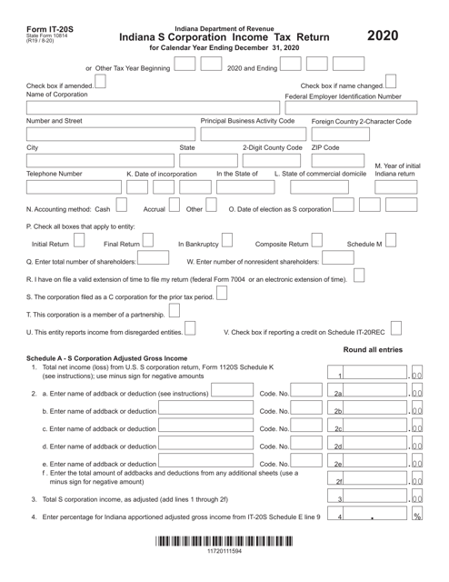 Form IT-20S (State Form 10814) 2020 Printable Pdf