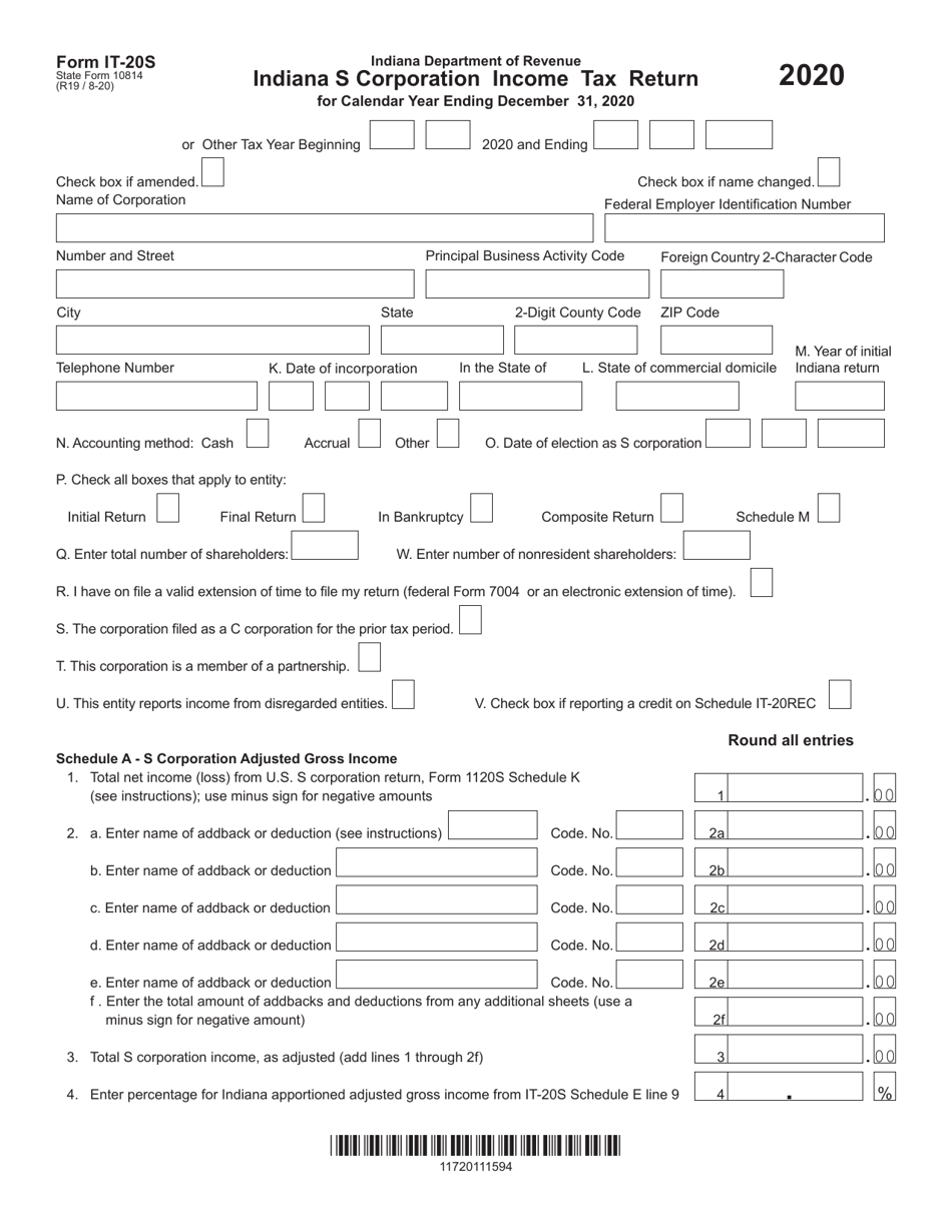 Form IT-20S (State Form 10814) Indiana S Corporation Income Tax Return - Indiana, Page 1