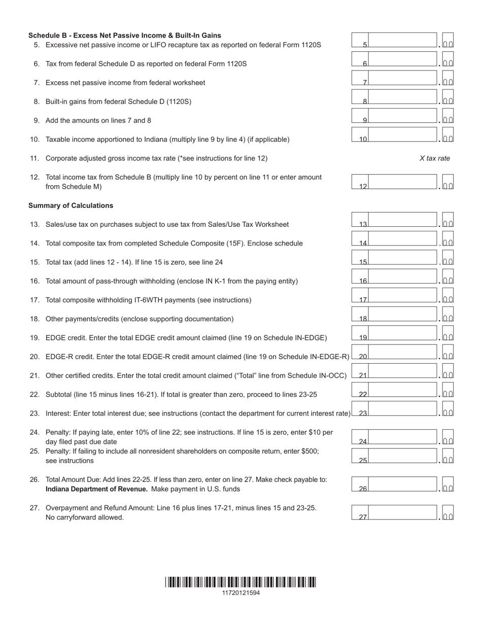 Form IT-20S (State Form 10814) Indiana S Corporation Income Tax Return - Indiana, Page 2