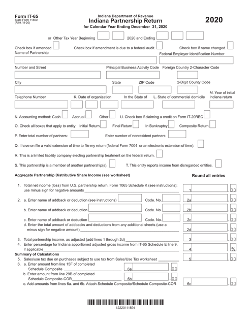 Form IT-65 (State Form 11800) 2020 Printable Pdf