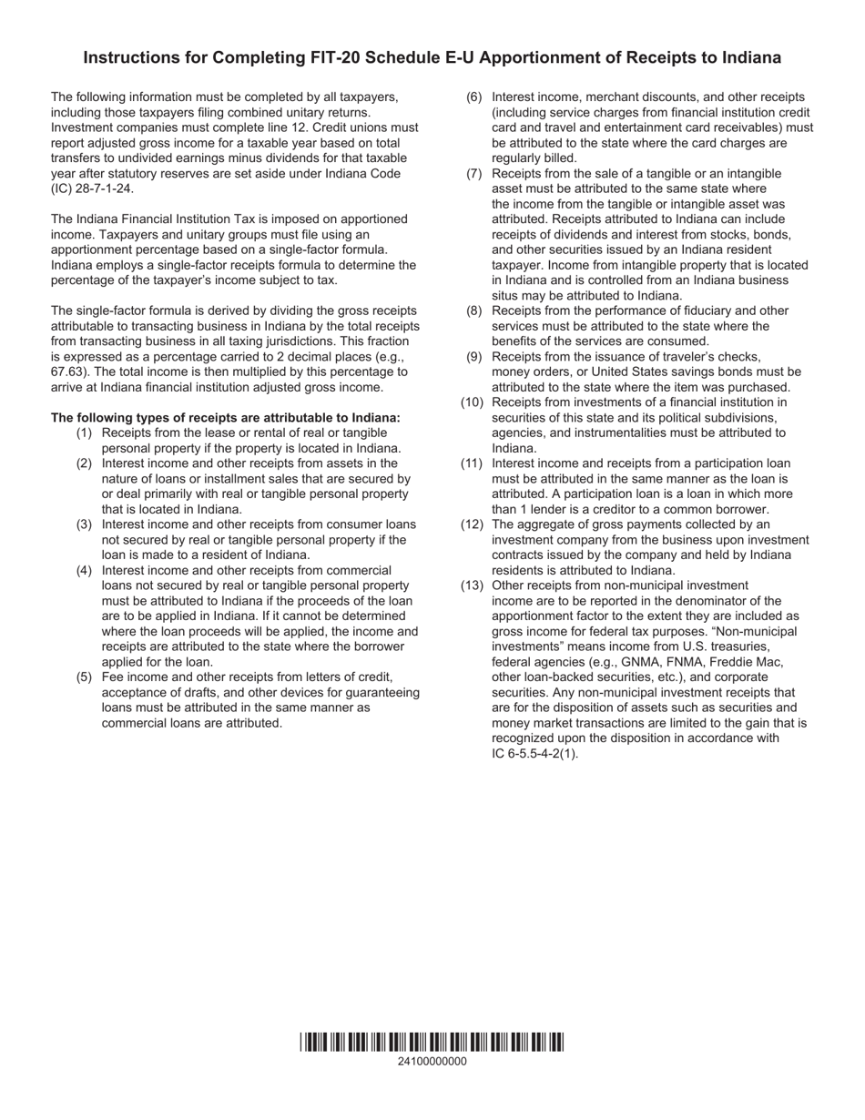Form FIT-20 (State Form 44622) Schedule E-U Indiana Financial Institution Tax Return Apportionment of Receipts to Indiana - Indiana, Page 2