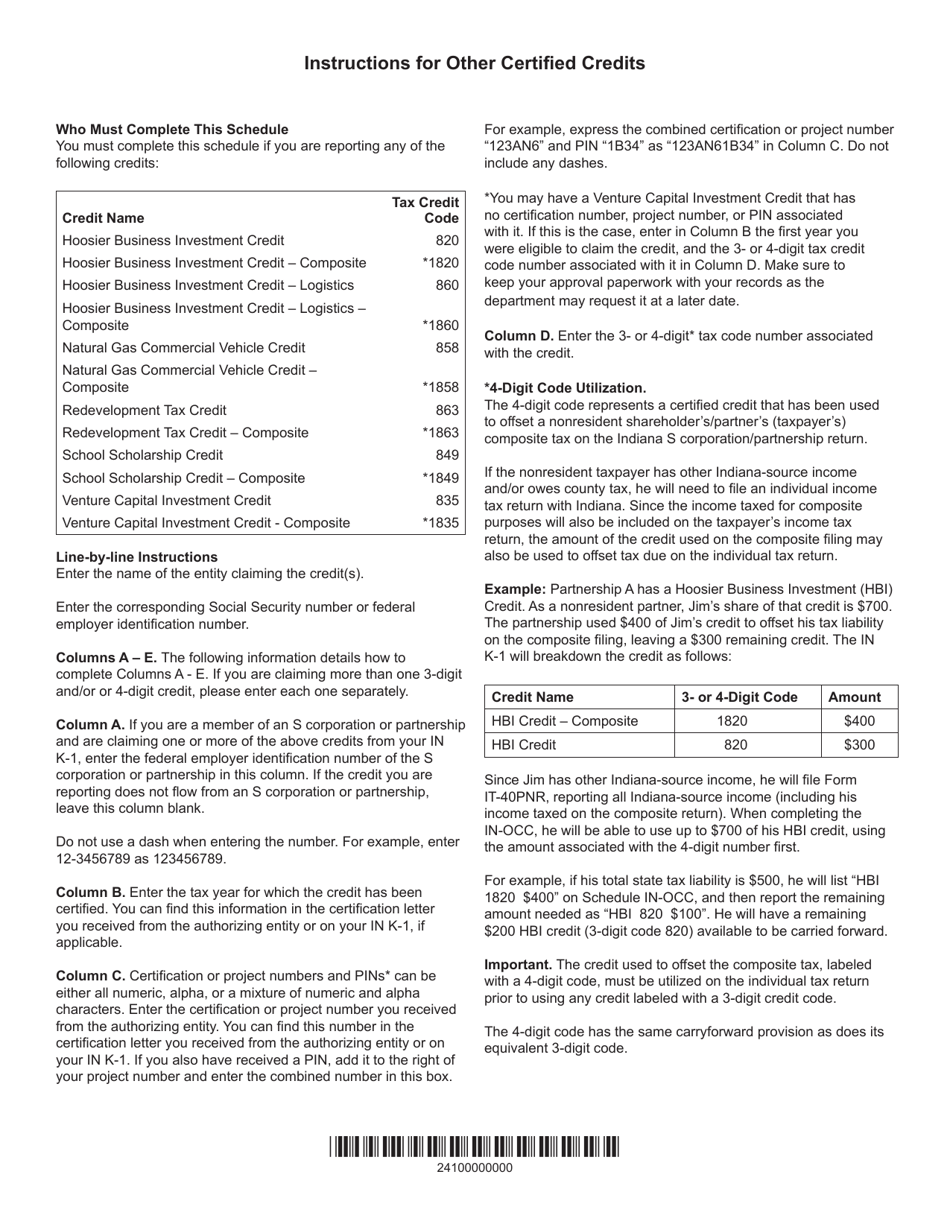 State Form 55629 Schedule IN-OCC Other Certified Credits - Indiana, Page 2