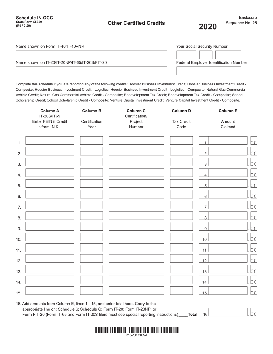 State Form 55629 Schedule IN-OCC Download Fillable PDF or Fill Online ...