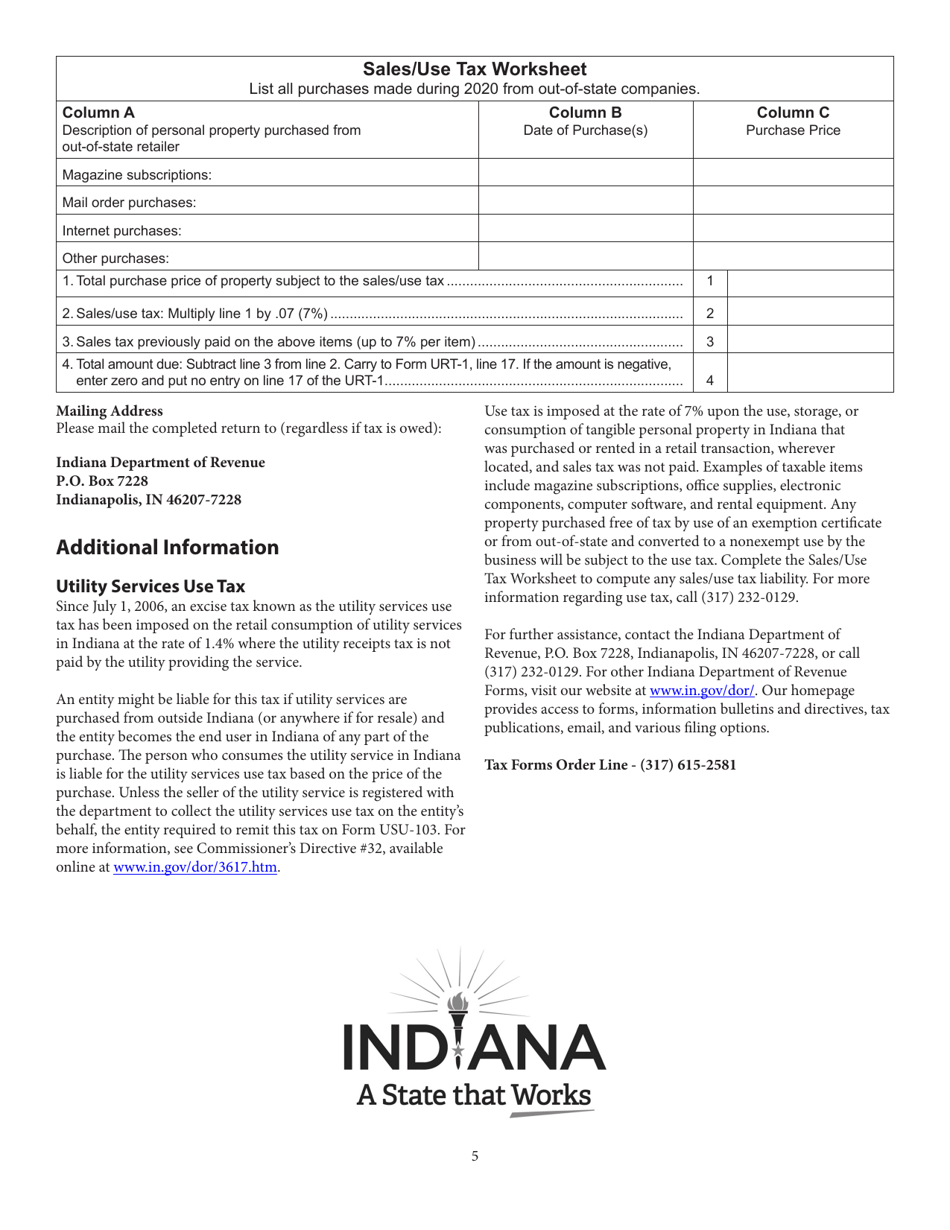 Form URT-1 (State Form 51102) Indiana Utility Receipts Tax Return - Indiana, Page 6