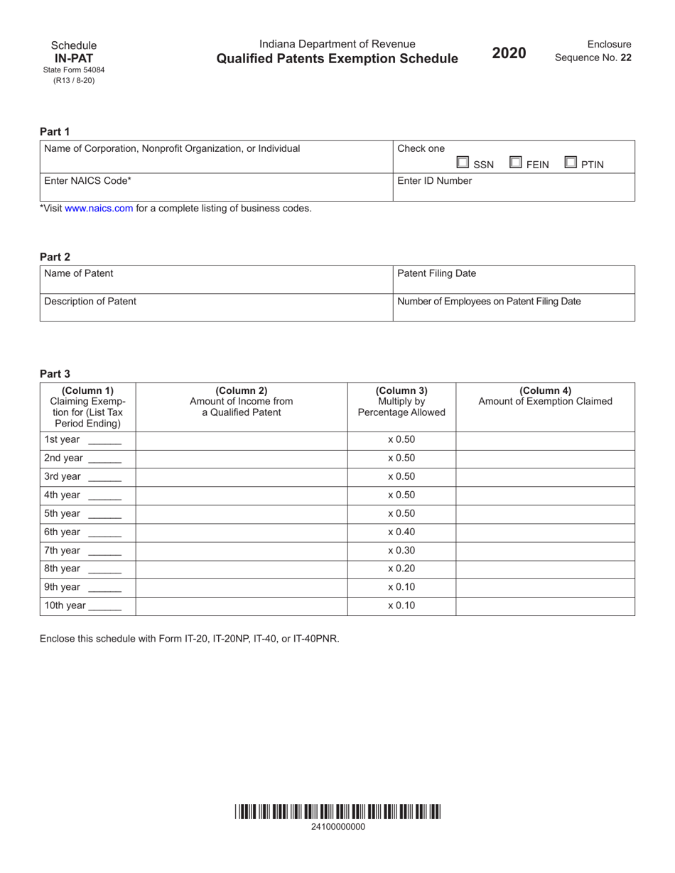 State Form 54084 Schedule IN-PAT Qualified Patents Exemption Schedule - Indiana, Page 1