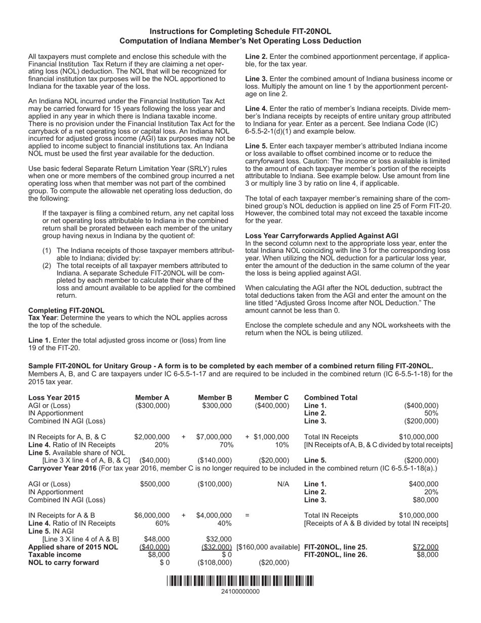 State Form 44624 Schedule FIT-20 NOL Computation of Indiana Members Net Operating Loss Deduction - Indiana, Page 2