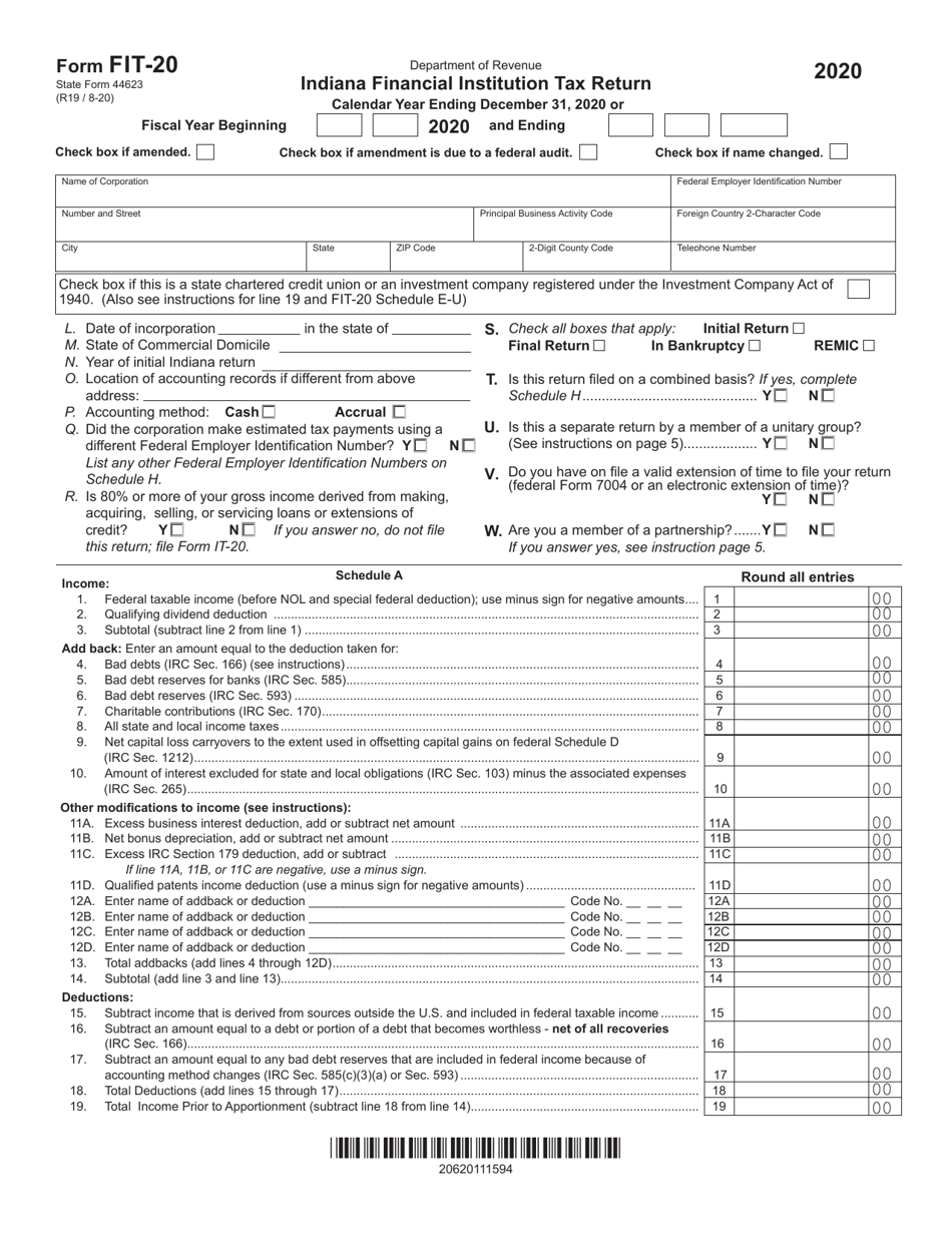Form FIT-20 (State Form 44623) Indiana Financial Institution Tax Return - Indiana, Page 1