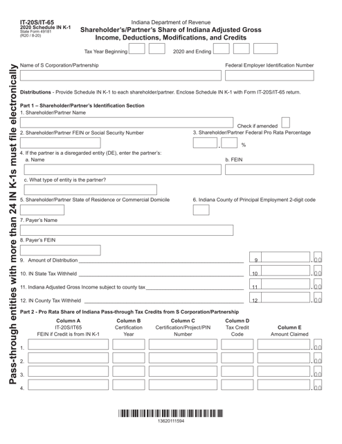 Form IT-20S (IT-65; State Form 49181) Schedule IN K-1 2020 Printable Pdf