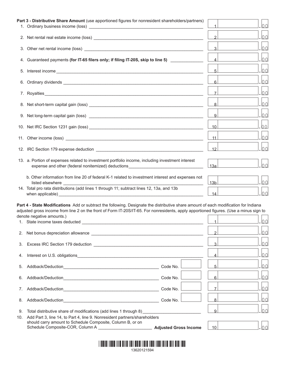Form IT-20S (IT-65; State Form 49181) Schedule IN K-1 Shareholders / Partners Share of Indiana Adjusted Gross Income, Deductions, Modifications, and Credits - Indiana, Page 2