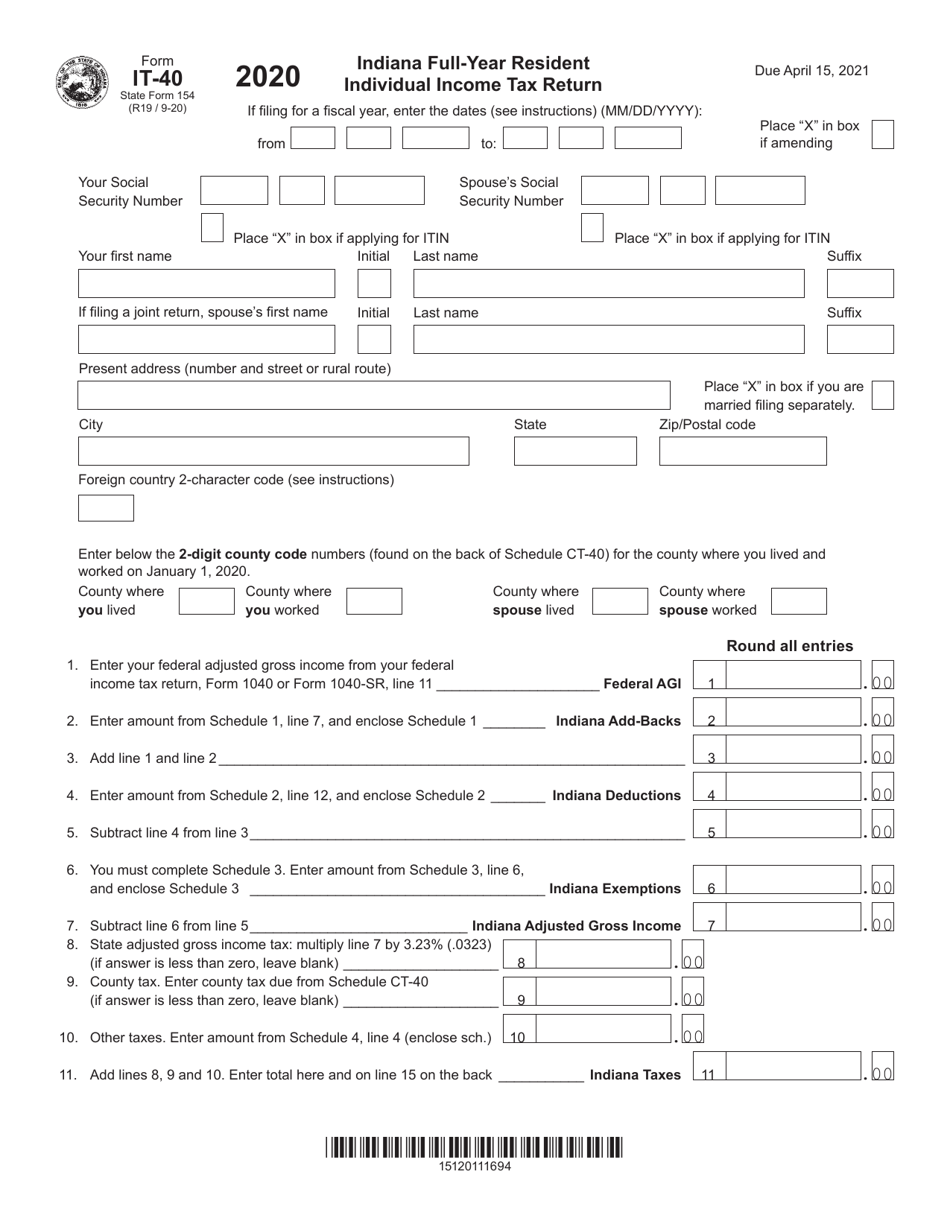 Form IT-40 (State Form 154) Indiana Full-Year Resident Individual Income Tax Return - Indiana, Page 1