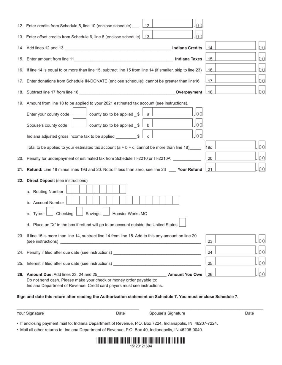 Form IT-40 (State Form 154) Indiana Full-Year Resident Individual Income Tax Return - Indiana, Page 2