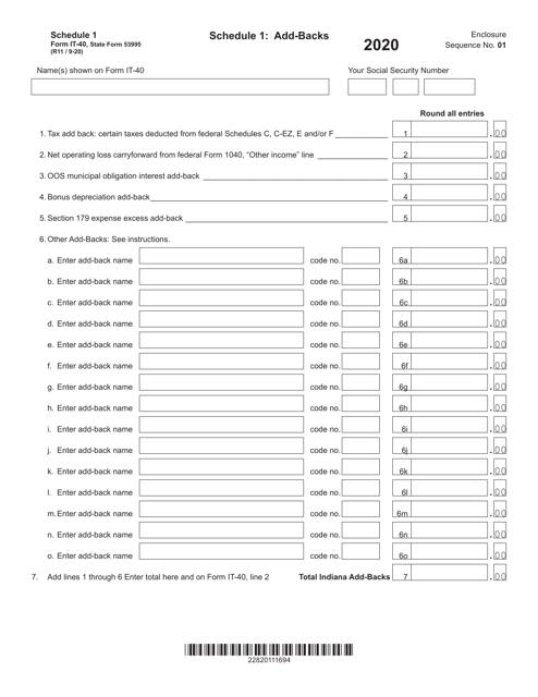 Form IT-40 (State Form 53995) Schedule 1 2020 Printable Pdf