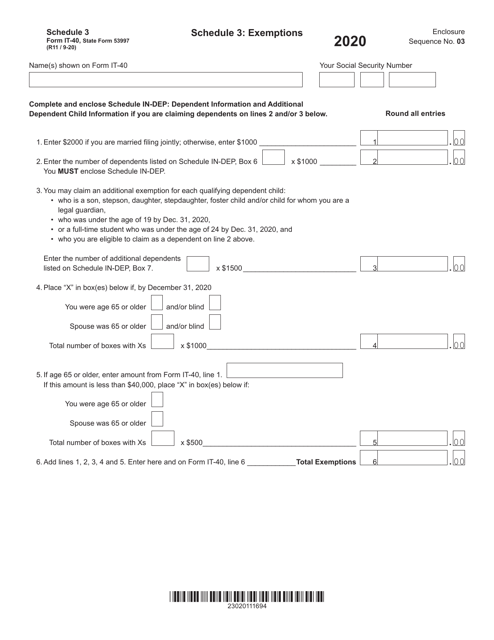 Form IT-40 (State Form 53997) Schedule 3 2020 Printable Pdf