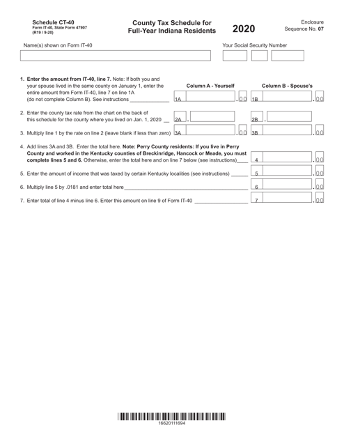 Form IT-40 (State Form 47907) Schedule CT-40 2020 Printable Pdf