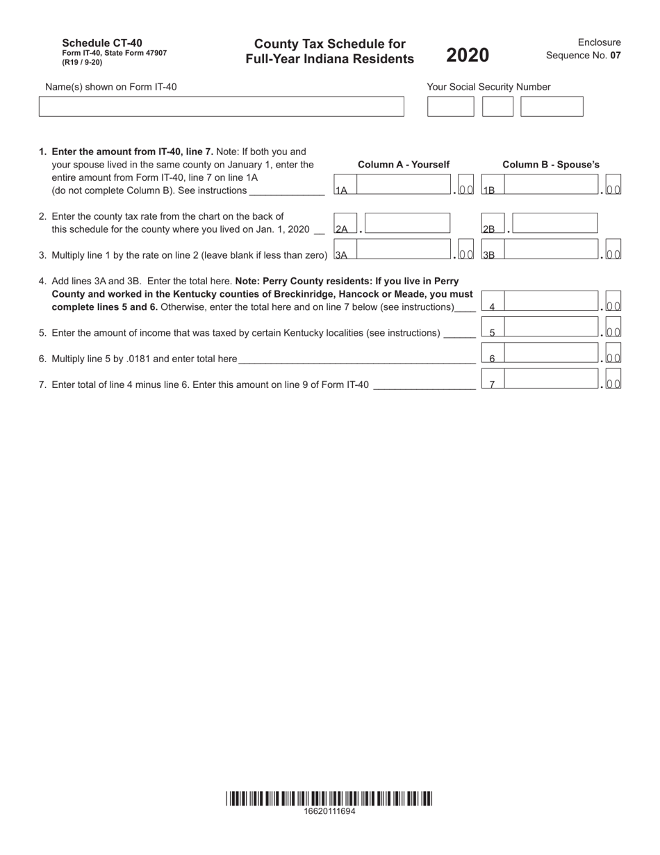 Form IT40 (State Form 47907) Schedule CT40 2020 Fill Out, Sign