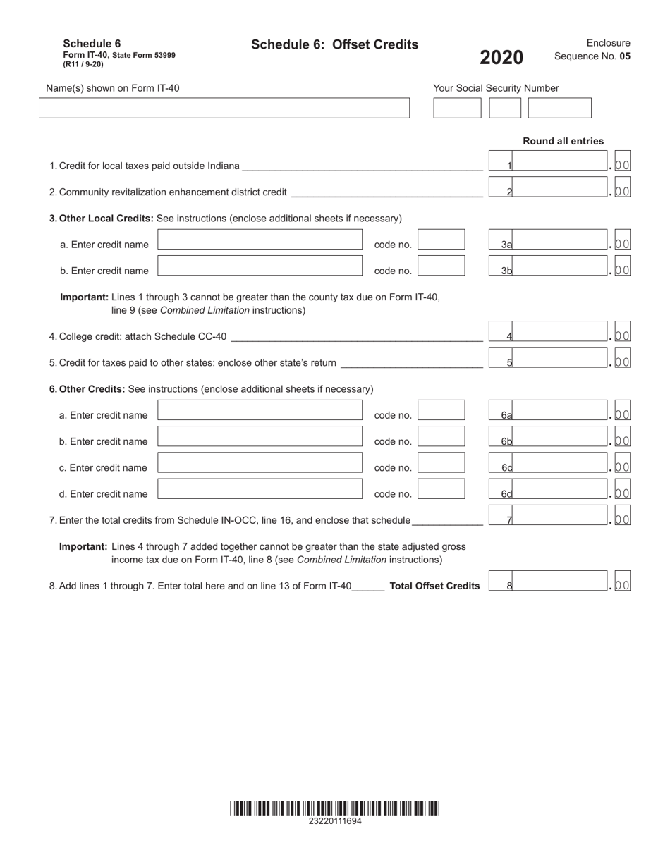 Form IT-40 (State Form 53999) Schedule 6 Offset Credits - Indiana, Page 1