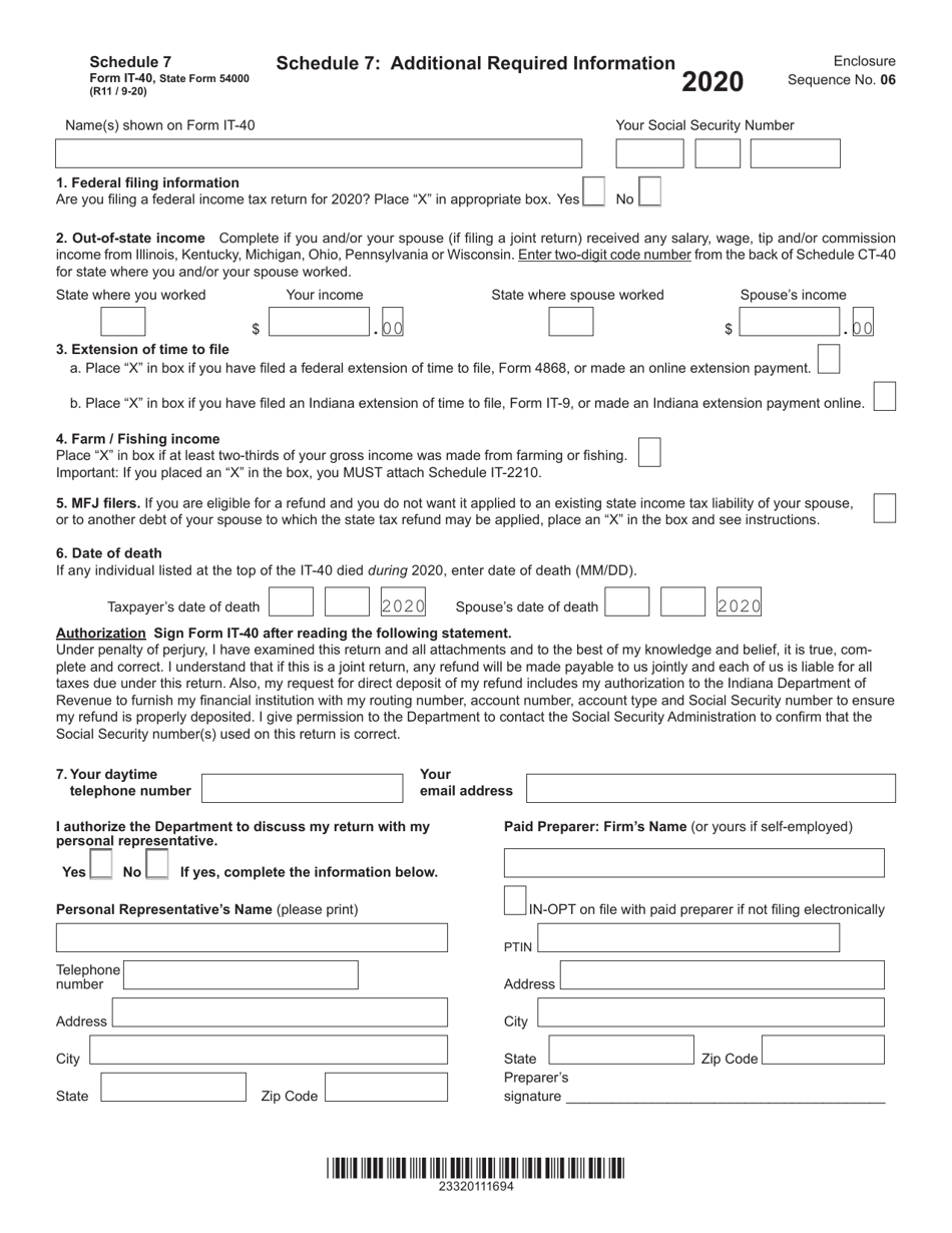 Form IT-40 (State Form 54000) Schedule 7 Download Fillable PDF or Fill  Online Additional Required Information - 2020 Indiana | Templateroller