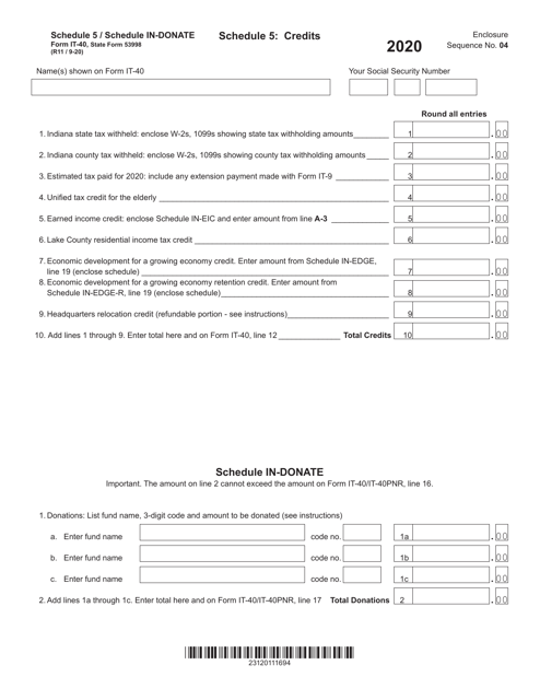 Form IT-40 (State Form 53998) Schedule 5, IN-DONATE 2020 Printable Pdf