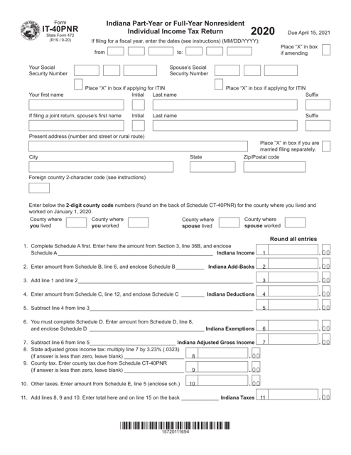 Form IT-40PNR (State Form 472) 2020 Printable Pdf