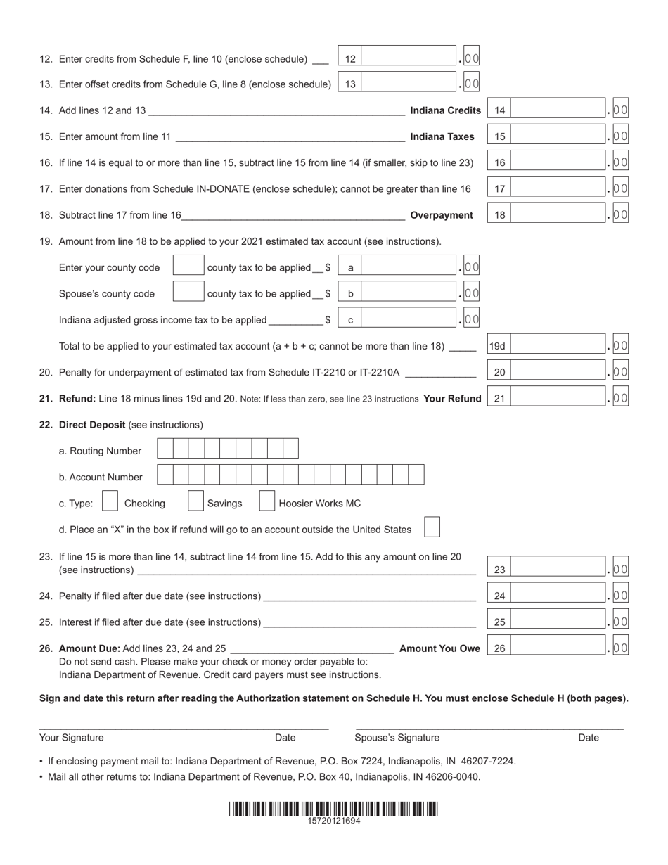 Form IT-40PNR (State Form 472) Indiana Part-Year or Full-Year Nonresident Individual Income Tax Return - Indiana, Page 2