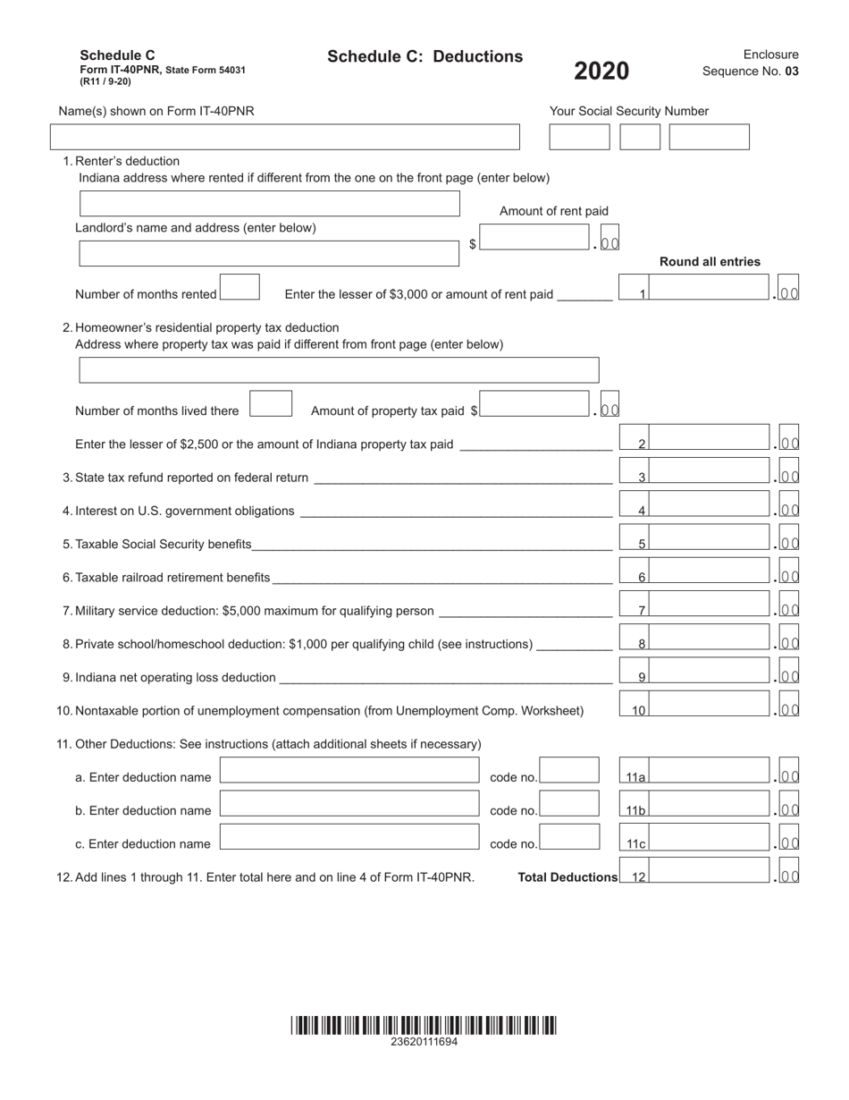 State Form 54031 (IT-40PNR) Schedule C Deductions - Indiana, Page 1