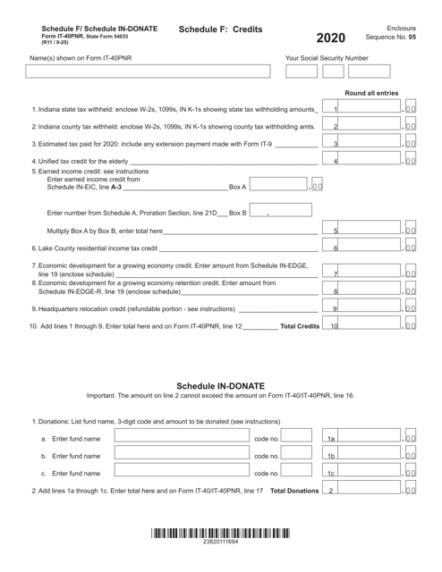 State Form 54033 (IT-40PNR) Schedule F, IN-DONATE 2020 Printable Pdf