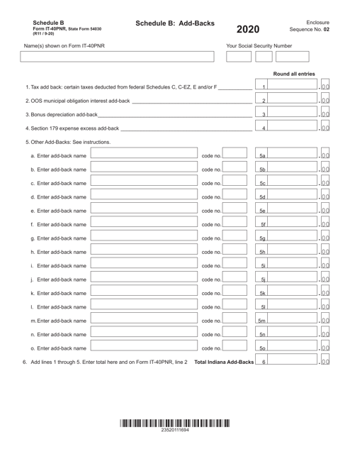 State Form 54030 (IT-40PNR) Schedule B Add-Backs - Indiana, 2020