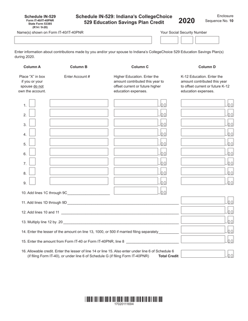 Form IT-40 (IT-40PNR; State Form 53385) Schedule IN-529 2020 Printable Pdf