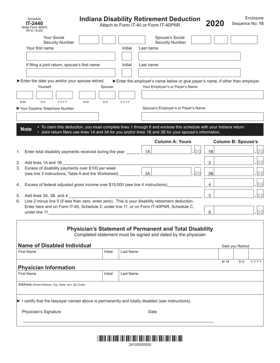 State Form 46003 (IT-2440) Indiana Disability Retirement Deduction - Indiana, Page 1