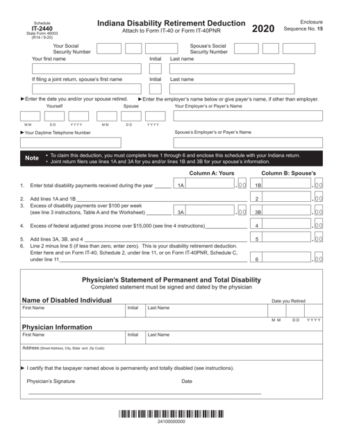 State Form 46003 (IT-2440) 2020 Printable Pdf