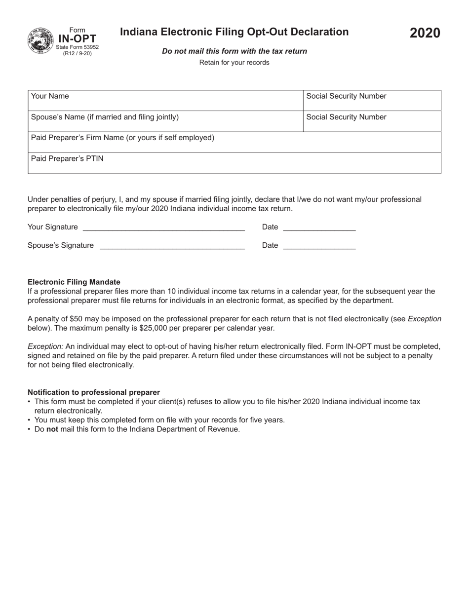 State Form 53952 (IN-OPT) Indiana Electronic Filing Opt-Out Declaration - Indiana, Page 1