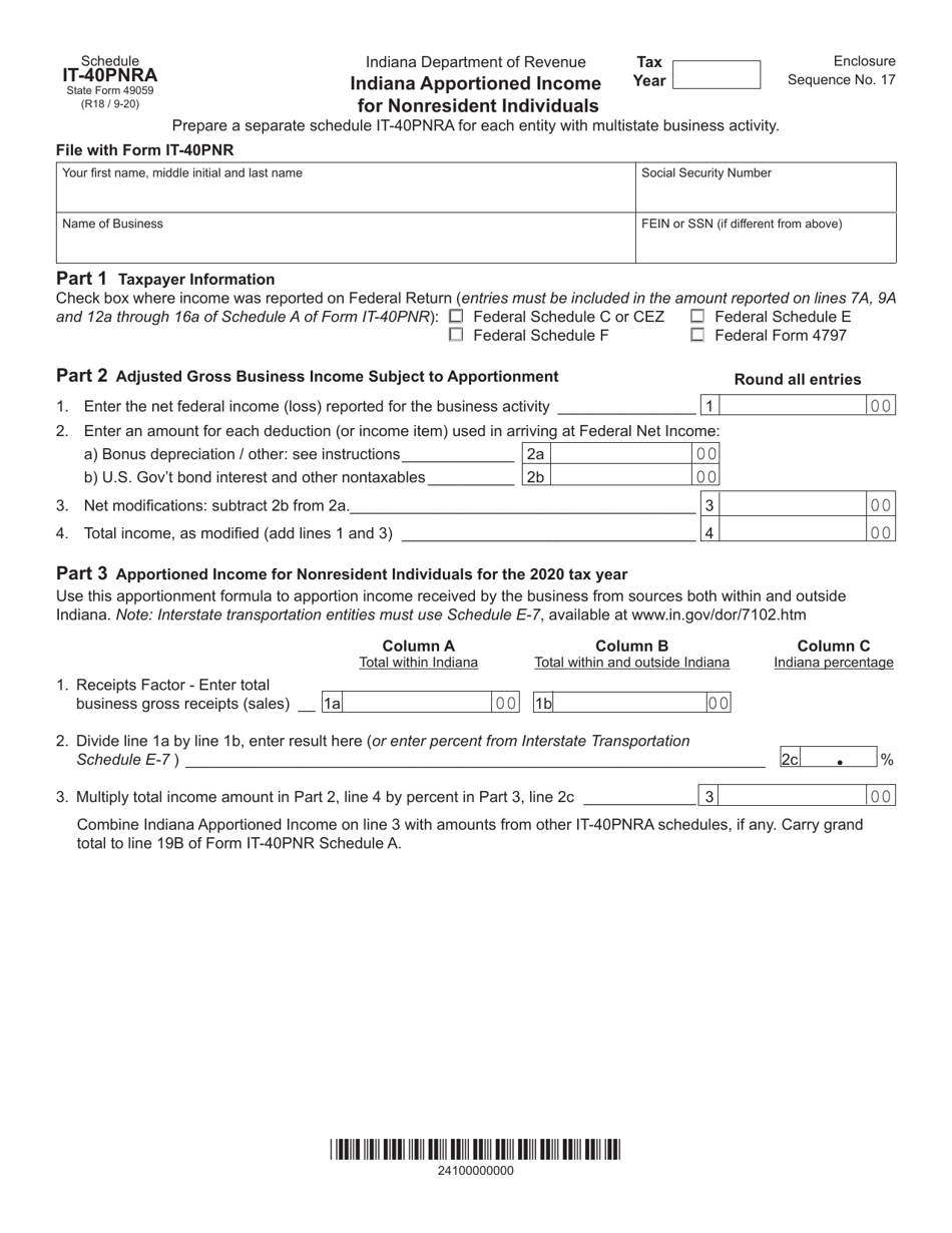 State Form 49059 Schedule IT-40PNRA Indiana Apportioned Income for Nonresident Individuals - Indiana, Page 1