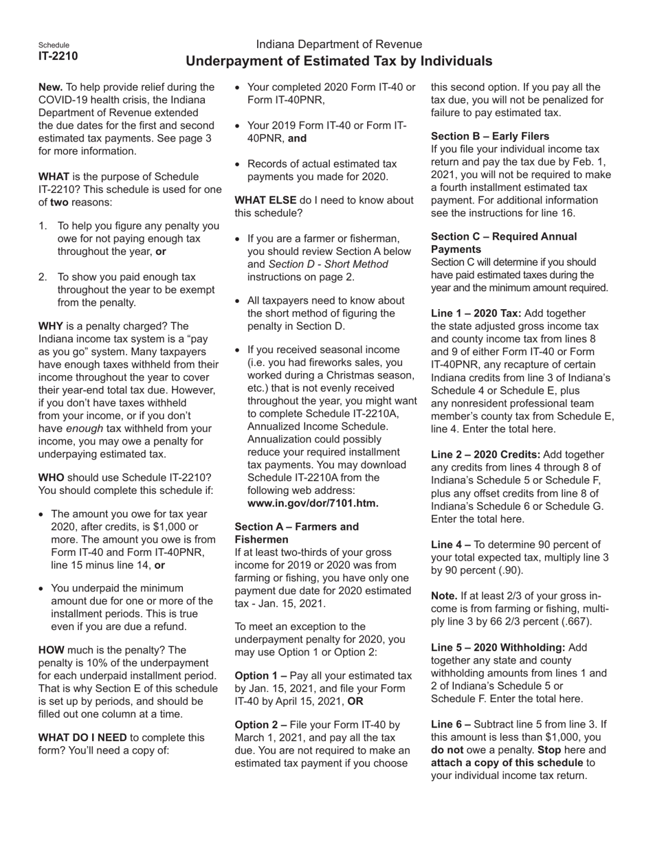 State Form 46002 Schedule IT-2210 Underpayment of Estimated Tax by Individuals - Indiana, Page 2
