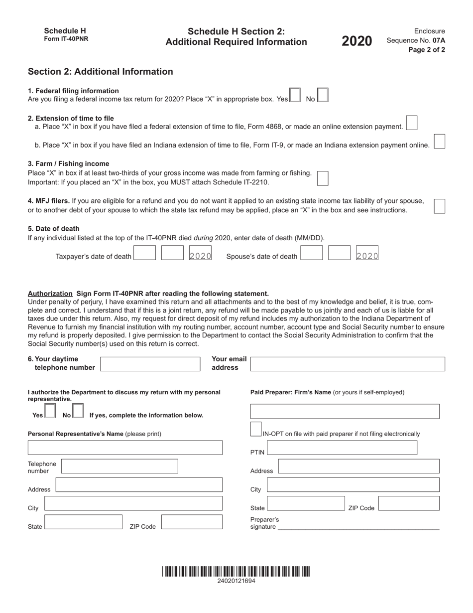 State Form 54035 (IT-40PNR) Schedule H Additional Required Information - Indiana, Page 2