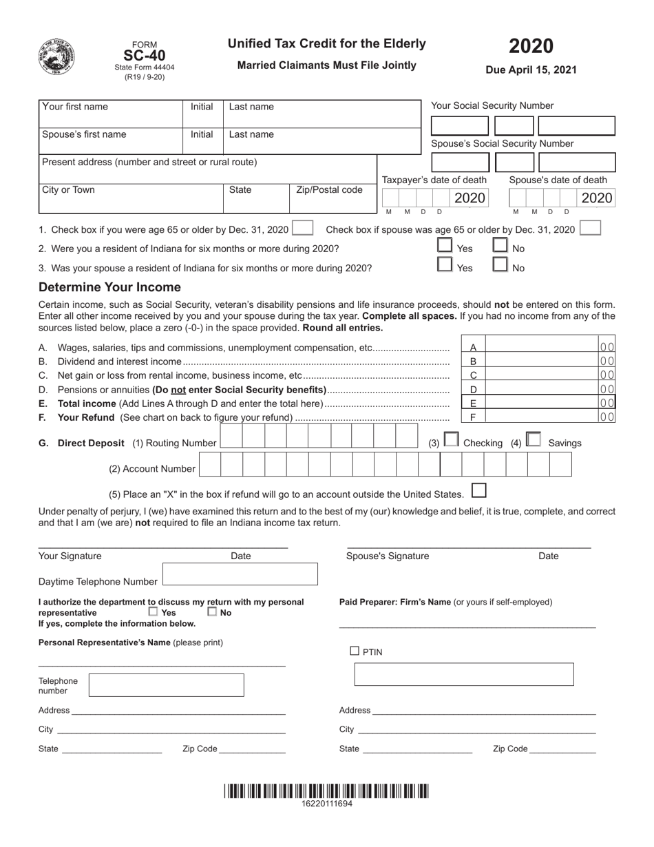 Form SC40 (State Form 44404) 2020 Fill Out, Sign Online and