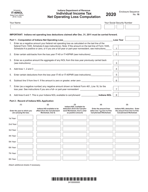 State Form 46004 Schedule IT-40NOL 2020 Printable Pdf