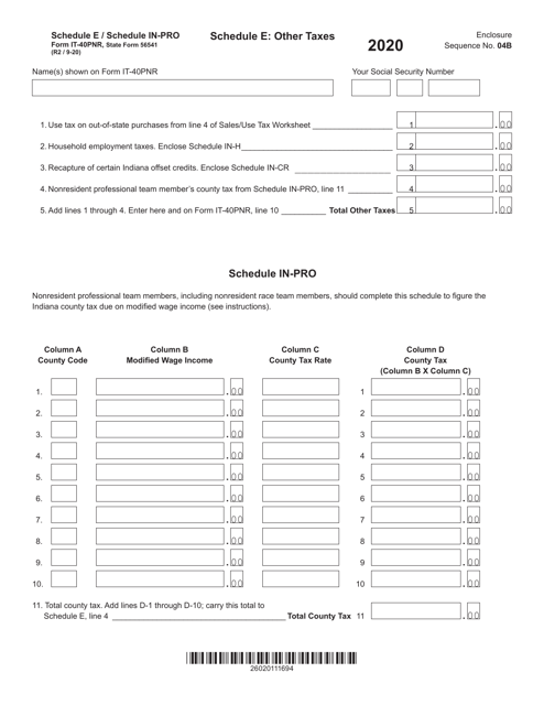 Form IT-40PNR (State Form 56541) Schedule E, IN-PRO 2020 Printable Pdf