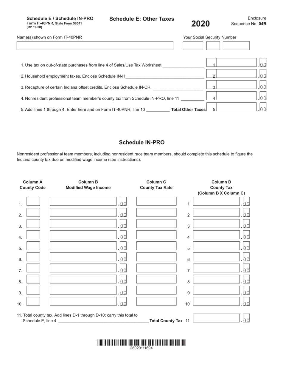 Form IT-40PNR (State Form 56541) Schedule E, IN-PRO Other Taxes / Nonresident Professional Team Members - Indiana, Page 1