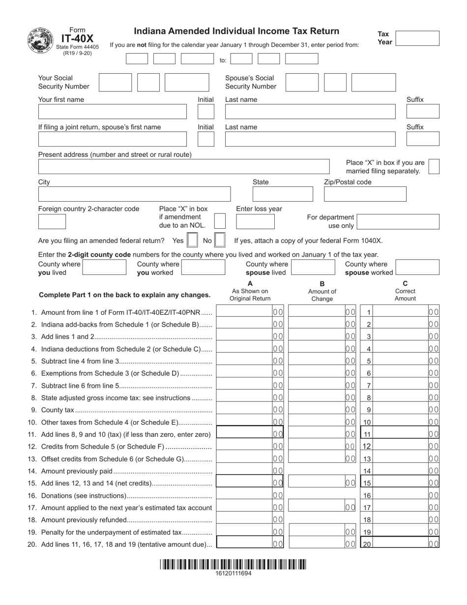 State Form 44405 (IT-40X) Indiana Amended Individual Income Tax Return - Indiana, Page 1