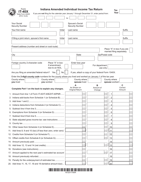 State Form 44405 (IT-40X) Indiana Amended Individual Income Tax Return - Indiana