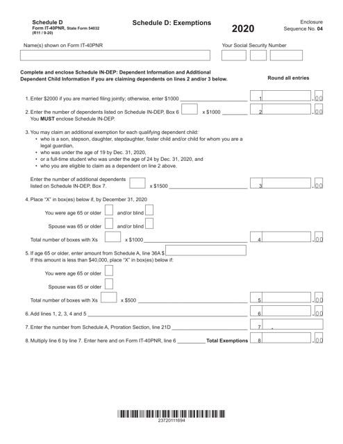 Form IT-40PNR (State Form 54032) Schedule D 2020 Printable Pdf