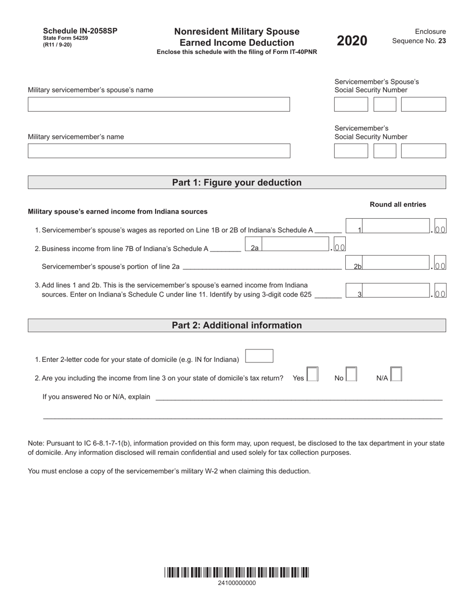 State Form 54259 Schedule IN-2058SP Nonresident Military Spouse Earned Income Deduction - Indiana, Page 1