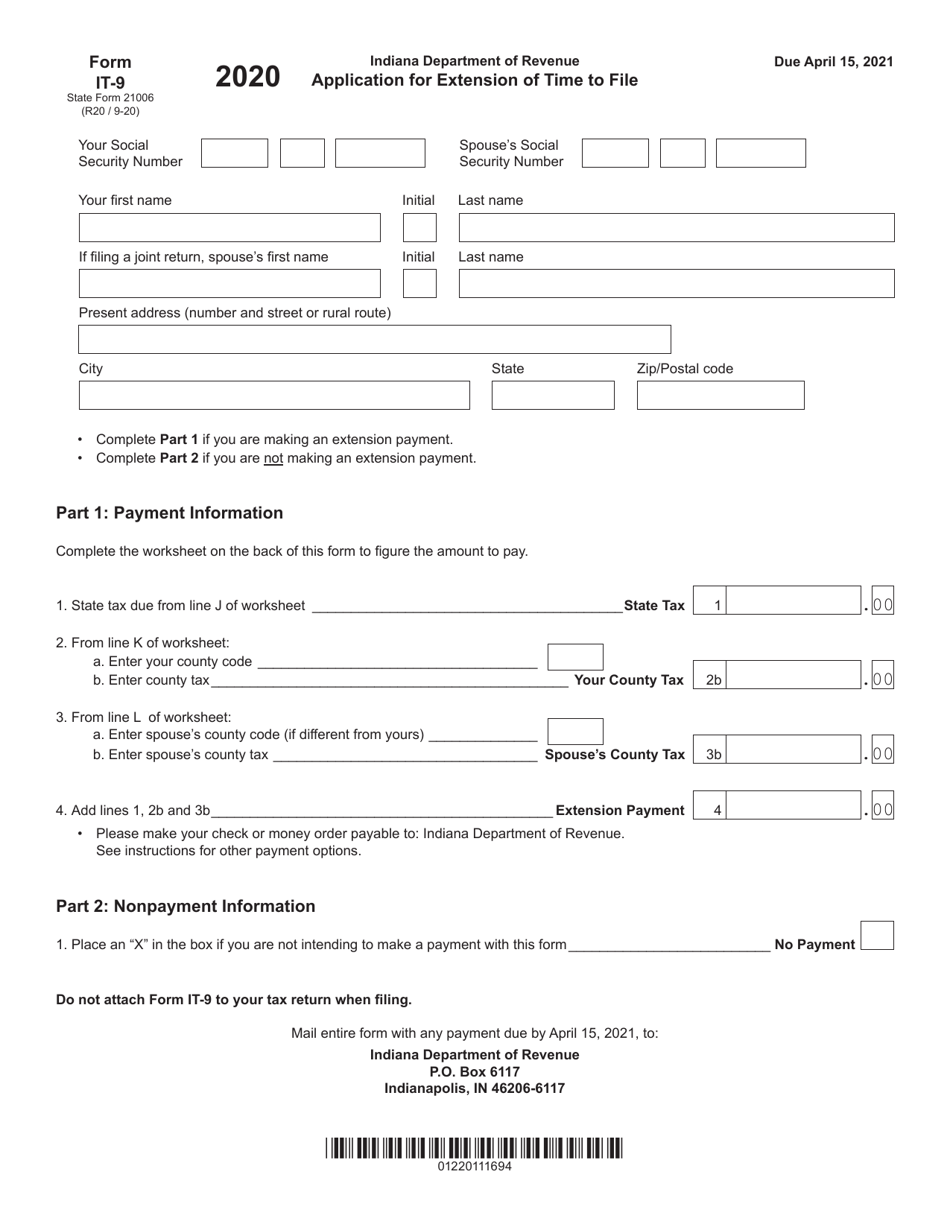 Form IT-9 (State Form 21006) Application for Extension of Time to File - Indiana, Page 1