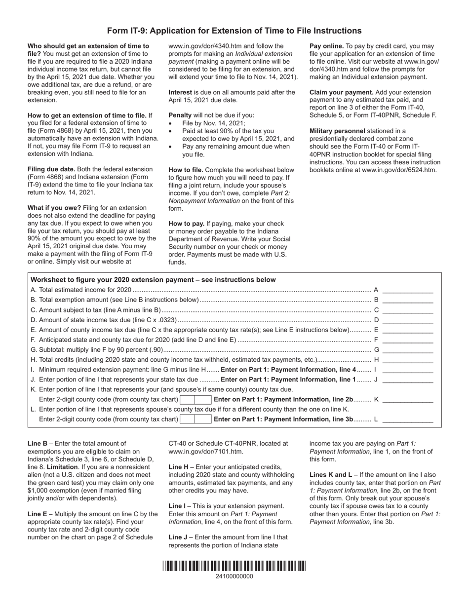 Form IT-9 (State Form 21006) Application for Extension of Time to File - Indiana, Page 2