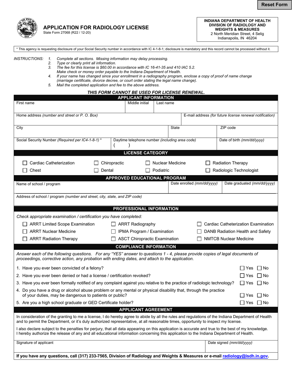 State Form 27068 Application for Radiology License - Indiana, Page 1